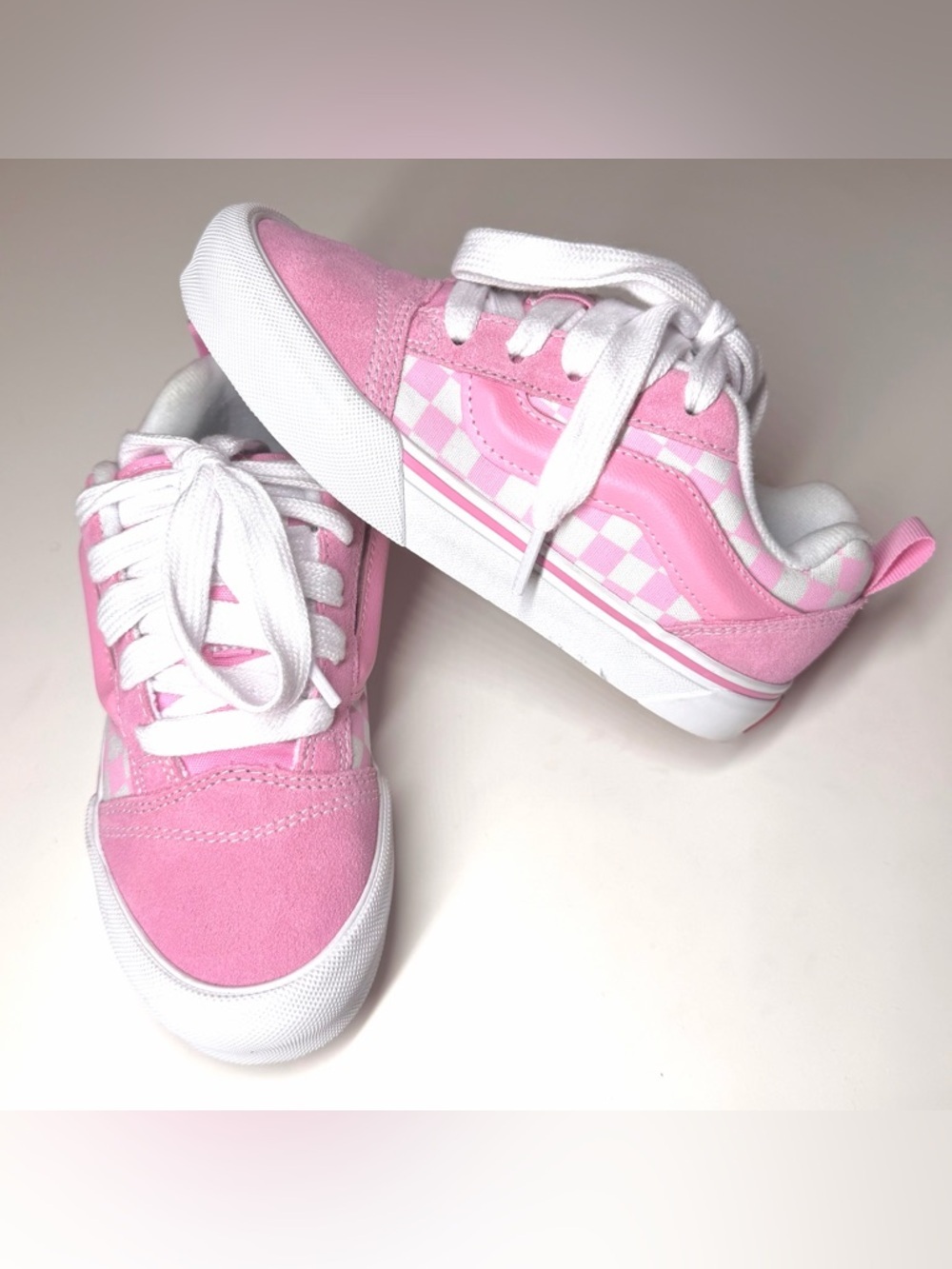 Vans Kids Knu Skool Checkerboard Skate Shoe Pink / White Size- 2